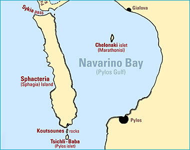 Carte de la baie de Navarin et de l'île de Sphactérie Voidokilia-Area-Situation